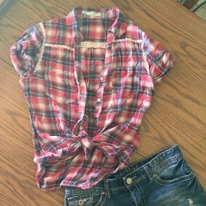 Red plaid with Lace detail button up shirt